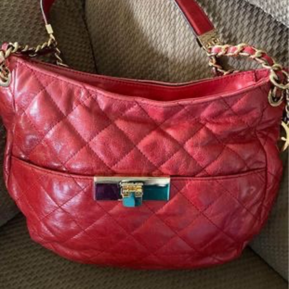 Michael Kors Susannah Lock Medium Quilted Cherry Red Leather Shoulder Bag
